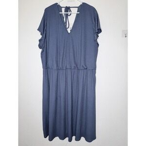 London Times Midi Dress Womens 3X Blue Textured Flutter Sleeves V Neck‎ Stretch